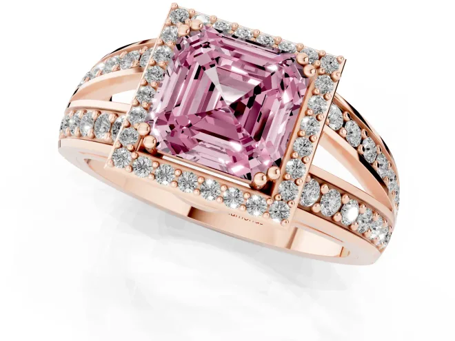 Fancy Pink Asscher Cut Diamond Halo Ring Set in Rose gold with Double Pavé Split Shank – second view