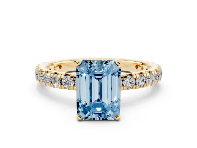 Fancy Blue Emerald Cut Diamond Pavé Solitaire Ring Set in Yellow gold with Round Band and Prong Setting