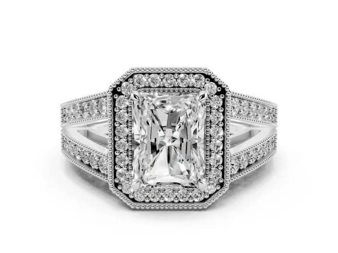 Radiant Cut Diamond Halo Ring Set in Platinum with Stone-Set Split Shank and Milgrain Edges