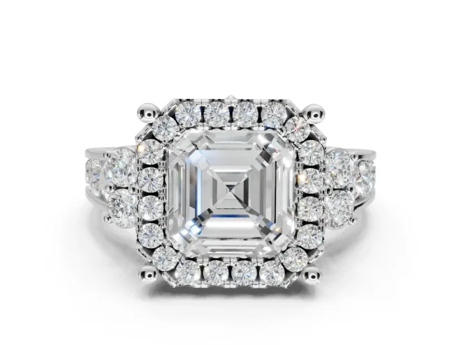 Asscher Cut Halo Side Cluster Engagement Ring Setting | Graduated Channel Band | Platinum