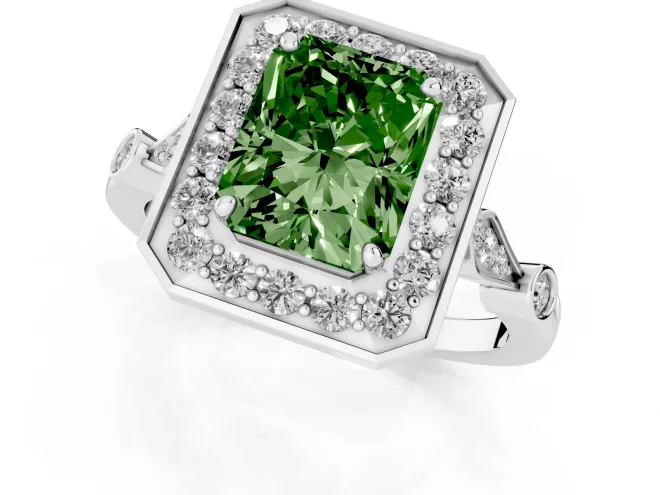 Fancy Green Radiant Cut Diamond Halo Engagement Ring Set in Platinum with Twisted Band and Prong Setting – second view