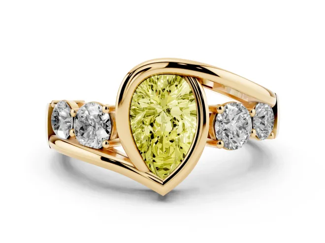 Fancy Yellow Pear Cut Diamond Bezel Bypass Ring Set in Yellow gold with Round Accents