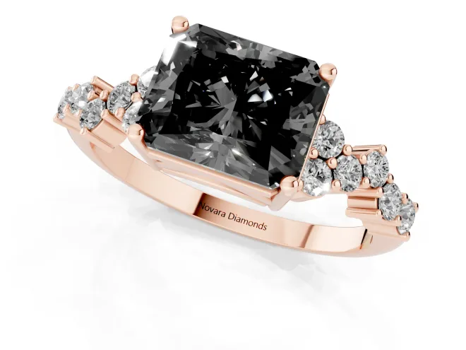 Fancy Black Radiant Cut Diamond Ring Set in Rose gold with Scattered Round Accents – second view