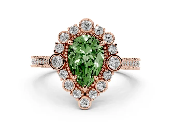 Pear-Shaped Scalloped Halo Engagement Ring Setting for a Fancy Green Lab-Grown Diamond | Milgrain Edges | Rose Gold