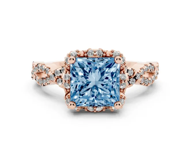 Princess Cut Milgrain Halo Engagement Ring Setting for a Fancy Blue Lab-Grown Diamond | Graduated Shoulders | Rose Gold