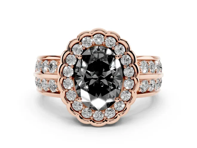 Oval Scalloped Halo Engagement Ring Setting for a Black Center | Double Row Band | Rose Gold