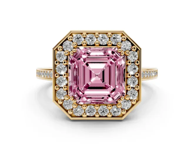 Asscher Cut Halo Engagement Ring Setting for a Fancy Pink Lab-Grown Diamond | Polished Halo Rim | Yellow Gold