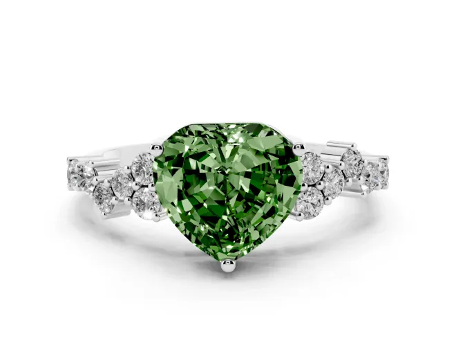 Fancy Green Heart Cut Diamond Ring Set in White gold with Scattered Round Accents