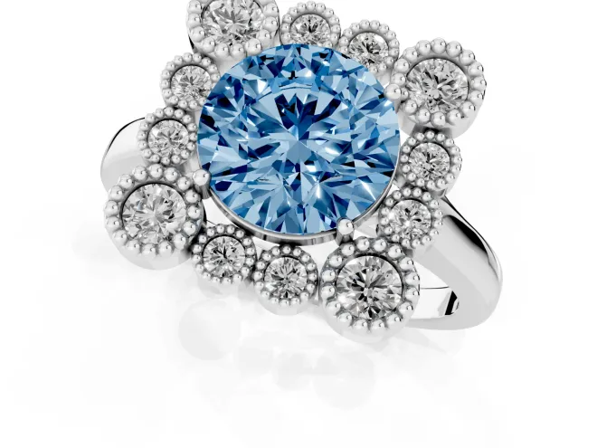 Fancy Blue Round Cut Diamond Cluster Halo Ring Set in Platinum with Milgrain Bezel Accents and Plain Band – second view