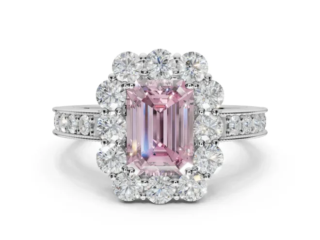 Emerald Cut Vintage Halo Engagement Ring Setting for a Fancy Pink Lab-Grown Diamond | White Gold