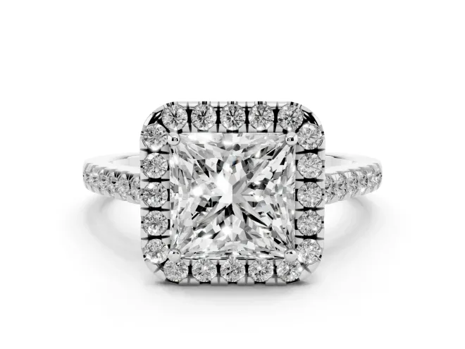 Princess Cut Diamond Pavé Halo Engagement Ring Set in White gold with Pavé Band and Prong Setting