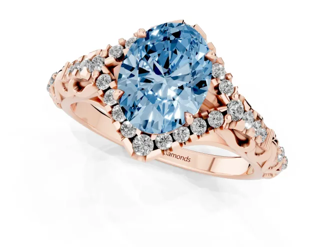 Fancy Blue Oval Cut Diamond Solitaire Ring Set in Rose gold with Hidden Halo and Pavé Band – second view