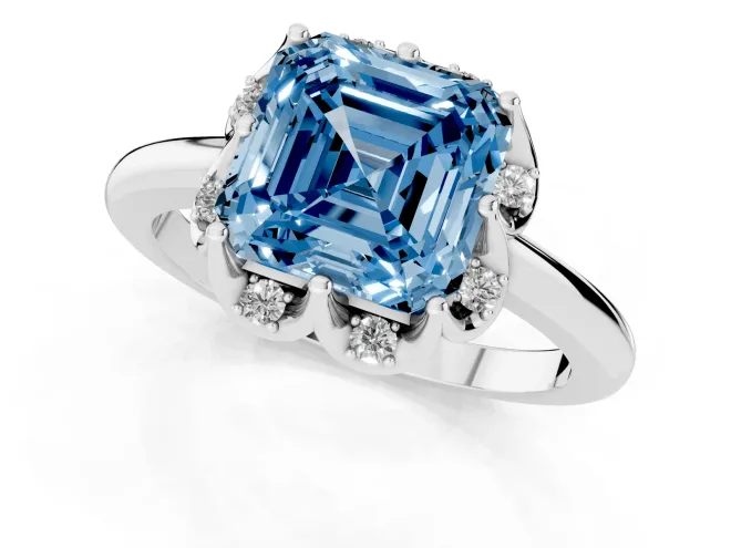 Fancy Blue Asscher Cut Diamond Round Cluster Halo Ring Set in Platinum with Solitaire Band and Prong Setting – second view