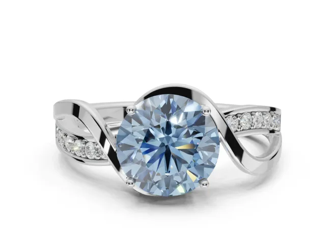 Round Bypass Solitaire Engagement Ring Setting for a Fancy Blue Lab-Grown Diamond | Pavé and Plain Strands | White Gold