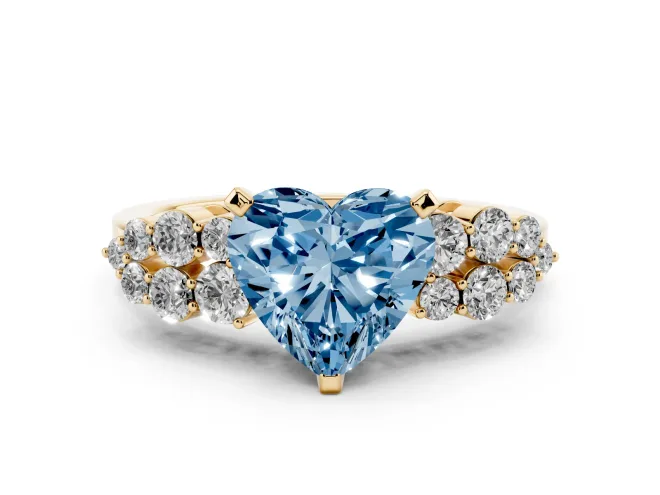 Heart-Shaped Side Stone Engagement Ring Setting for a Fancy Blue Lab-Grown Diamond | Shoulder Clusters | Yellow Gold