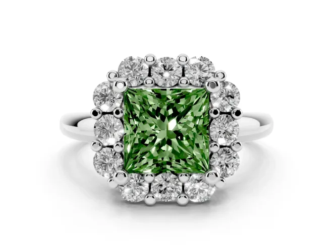 Princess Cut Cluster Halo Engagement Ring Setting for a Fancy Green Lab-Grown Diamond | Large Round Accents | White Gold