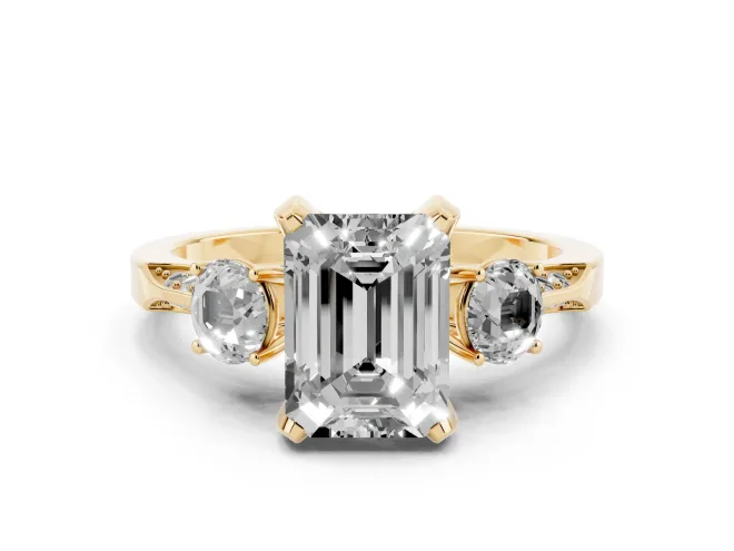 Fancy Pink Emerald Cut Diamond Three-Stone Ring Set in Yellow gold with Pavé Band and Smaller Side Stones