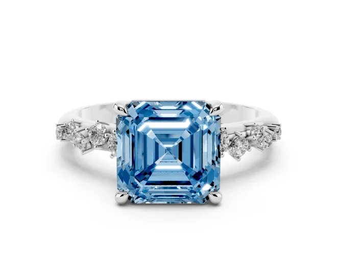 Fancy Blue Asscher Cut Diamond Solitaire Vine Band Ring Set in Silver with Round Accents and Prong Setting