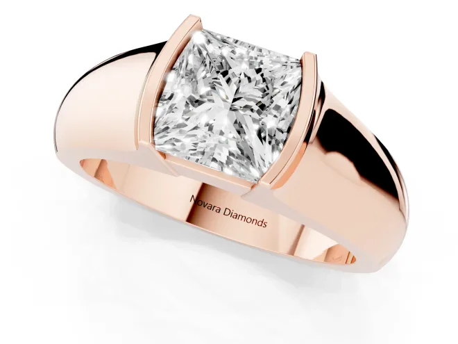 Princess Cut Diamond Bezel Solitaire Ring Set in Rose gold with Wide Band – second view