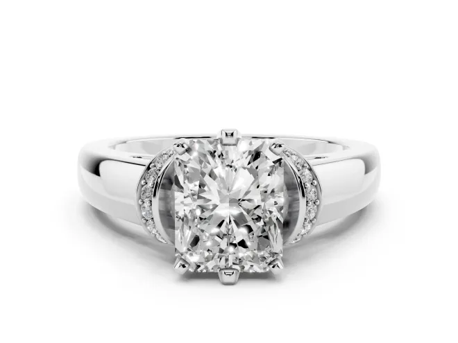 Radiant Cut Diamond Pavé Band Solitaire Ring Set in Silver with Prong Setting
