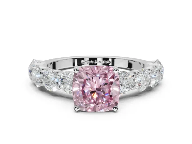 Cushion Cut Side Stone Engagement Ring Setting for a Fancy Pink Lab-Grown Diamond | Scalloped Prong Accents | White Gold