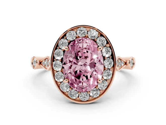 Oval Halo Engagement Ring Setting for a Fancy Pink Lab-Grown Diamond | Bezel Stations | Rose Gold