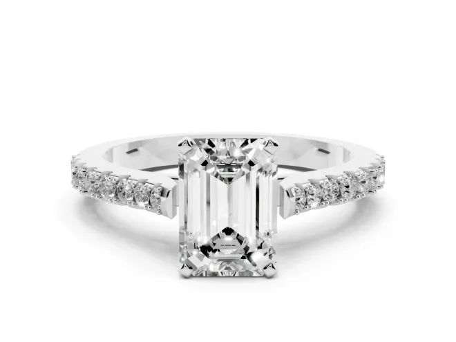 Emerald Cut Pavé Solitaire Engagement Ring Setting | Single Row Shoulders | White Gold