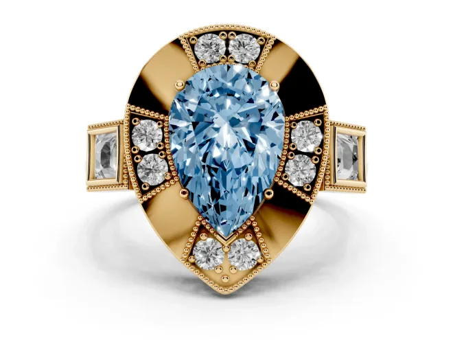Pear-Shaped Milgrain Sectioned Halo Engagement Ring Setting for a Fancy Blue Lab-Grown Diamond | Yellow Gold