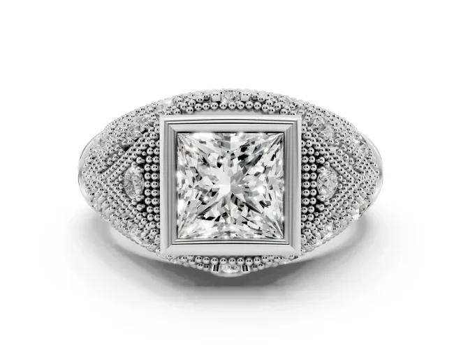 Princess Cut Diamond Bezel Ring Set in White gold with Milgrain Accent Band