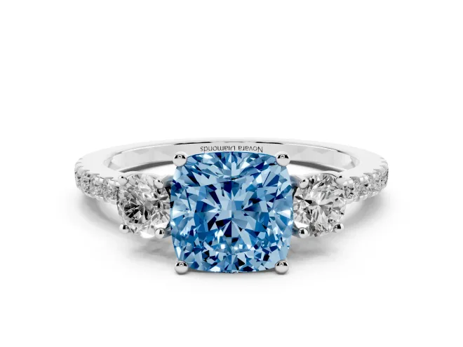 Cushion Cut Three Stone Engagement Ring Setting for a Fancy Blue Lab-Grown Diamond | Pave Shoulders | Sterling Silver