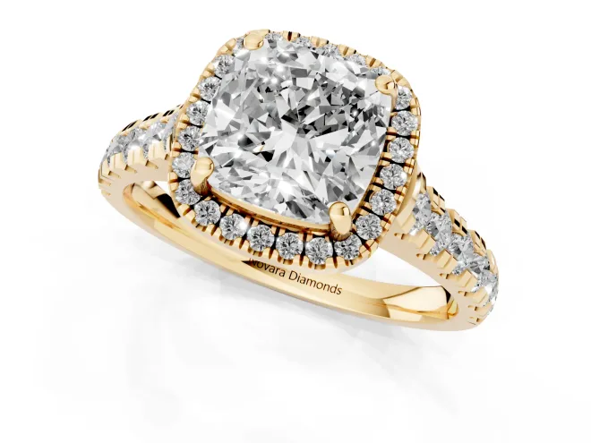 Cushion Cut Diamond Halo Engagement Ring Set in Yellow gold with Pavé Band and Prong-Set Center – second view