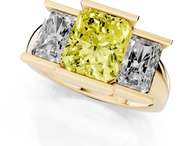 Fancy Yellow Radiant Cut Diamond Three-Stone Channel Set Ring Set in Yellow gold with Smooth Polished Band – second view