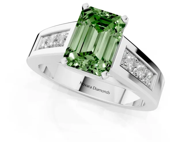 Fancy Green Emerald Cut Diamond Solitaire Ring Set in Silver with Channel-Set Accent Stones and Prong Setting – second view