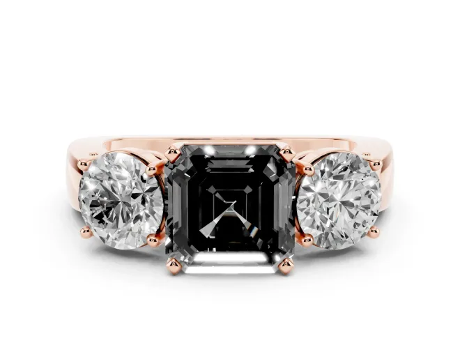 Fancy Black Asscher Cut Diamond Three-Stone Ring Set in Rose gold with Round Side Stones and Classic Band