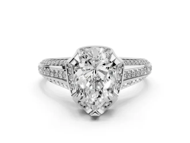 Pear-Shaped Hidden Halo Engagement Ring Setting | Triple Row Pavé Band | White Gold