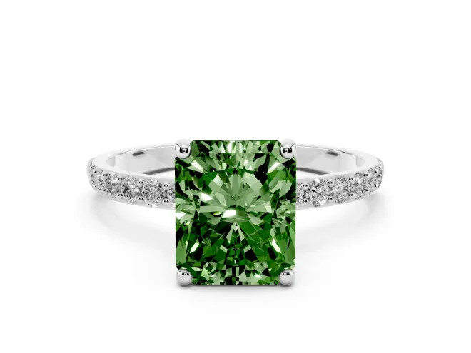 Radiant Cut Pavé Solitaire Engagement Ring Setting for a Fancy Green Lab-Grown Diamond | Pavé Shoulders | Platinum