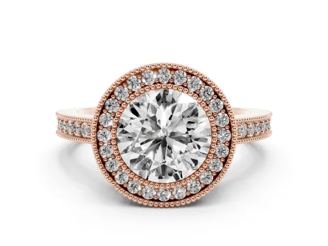 Round Cut Diamond Halo Engagement Ring Set in Rose gold with Pavé Band and Round Halo Stones