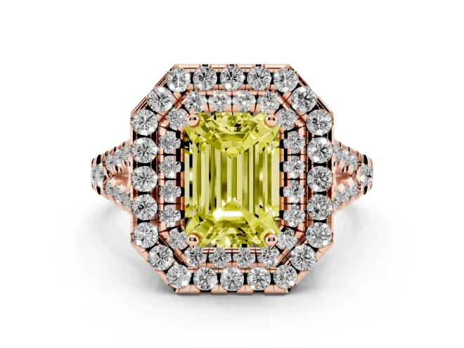 Emerald Cut Halo Split Shank Engagement Ring Setting for a Fancy Yellow Lab-Grown Diamond | Pavé Strands | Rose Gold