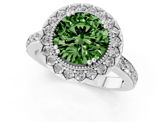 Fancy Green Round Cut Diamond Halo Ring Set in White gold with Pavé Shank and Prong Setting – second view