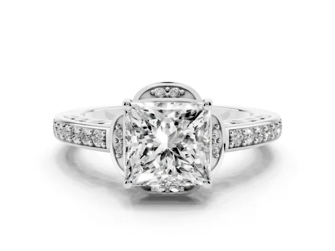 Princess Cut Diamond Halo Ring Set in Platinum with Channel Set Band and Prong Setting
