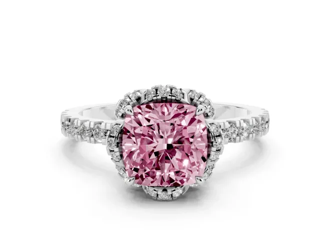 Fancy Pink Cushion Cut Diamond Halo Pavé Band Ring Set in Platinum with Prong-Held Center
