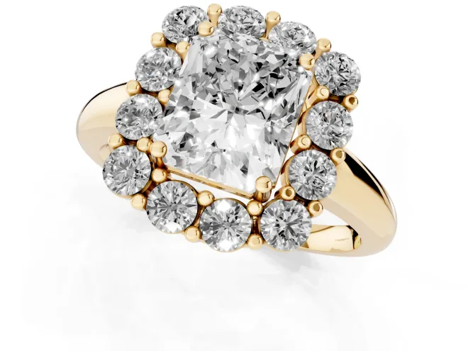 Radiant Cut Diamond Halo Cluster Engagement Ring Set in Yellow gold with Polished Band and Prong Setting – second view