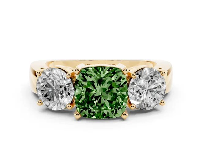 Fancy Green Cushion Cut Diamond Three-Stone Ring Set in Yellow gold with Round Side Stones and Classic Band