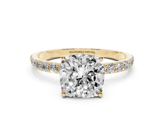 Cushion Cut Pavé Solitaire Engagement Ring Setting | Fine Line Pavé Band | Yellow Gold