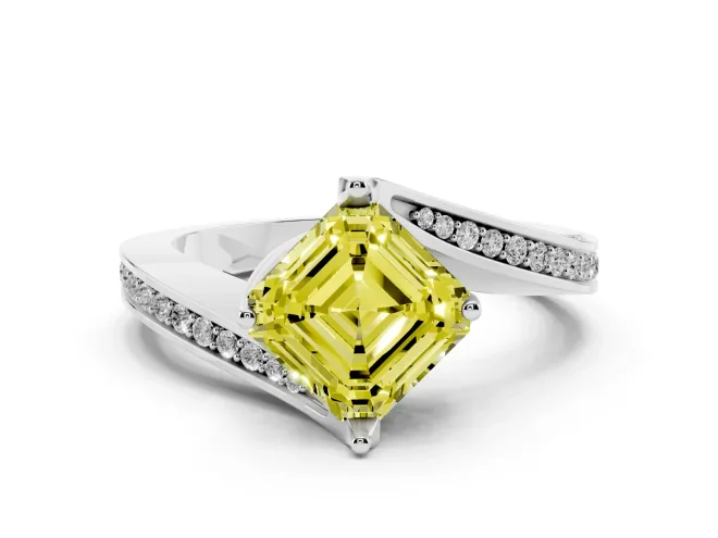 Fancy Yellow Asscher Cut Diamond Solitaire Ring Set in White gold with Intertwined Pavé Twist Band