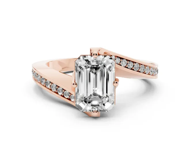 Emerald Cut Bypass Pavé Solitaire Engagement Ring Setting | Angled Head | Rose Gold
