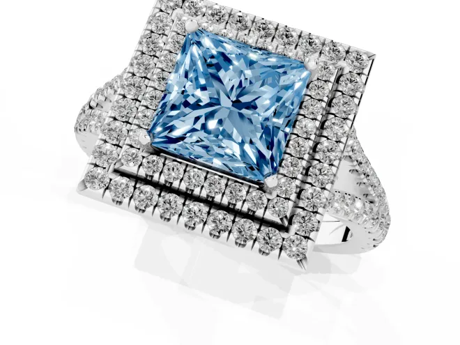 Fancy Blue Princess Cut Diamond Double Halo Ring Set in Platinum with Pavé Band – second view