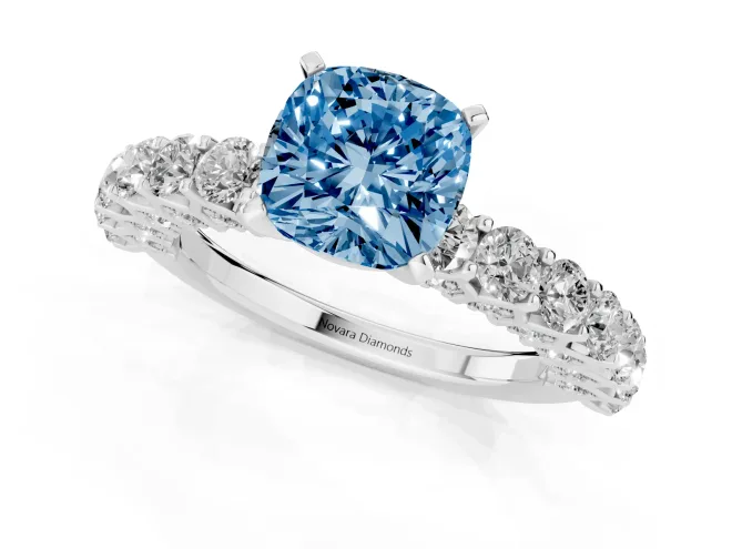 Fancy Blue Cushion Cut Diamond Solitaire Ring Set in White gold with Shared Prong Pavé Band – second view