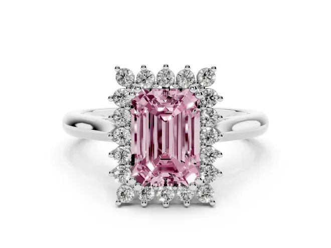 Emerald Cut Starburst Halo Engagement Ring Setting for a Fancy Pink Lab-Grown Diamond | White Gold