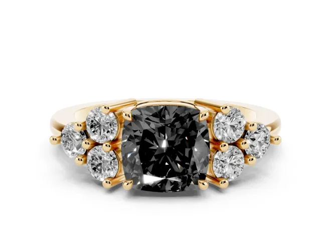Fancy Black Cushion Cut Diamond Solitaire Ring Set in Yellow gold with Cluster Accents on Each Side